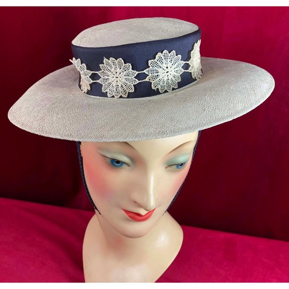 Vintage 1940s 40s Navy Lace Summer Straw Hat Perch Tilt Ribbon Train - Picture 3 of 4